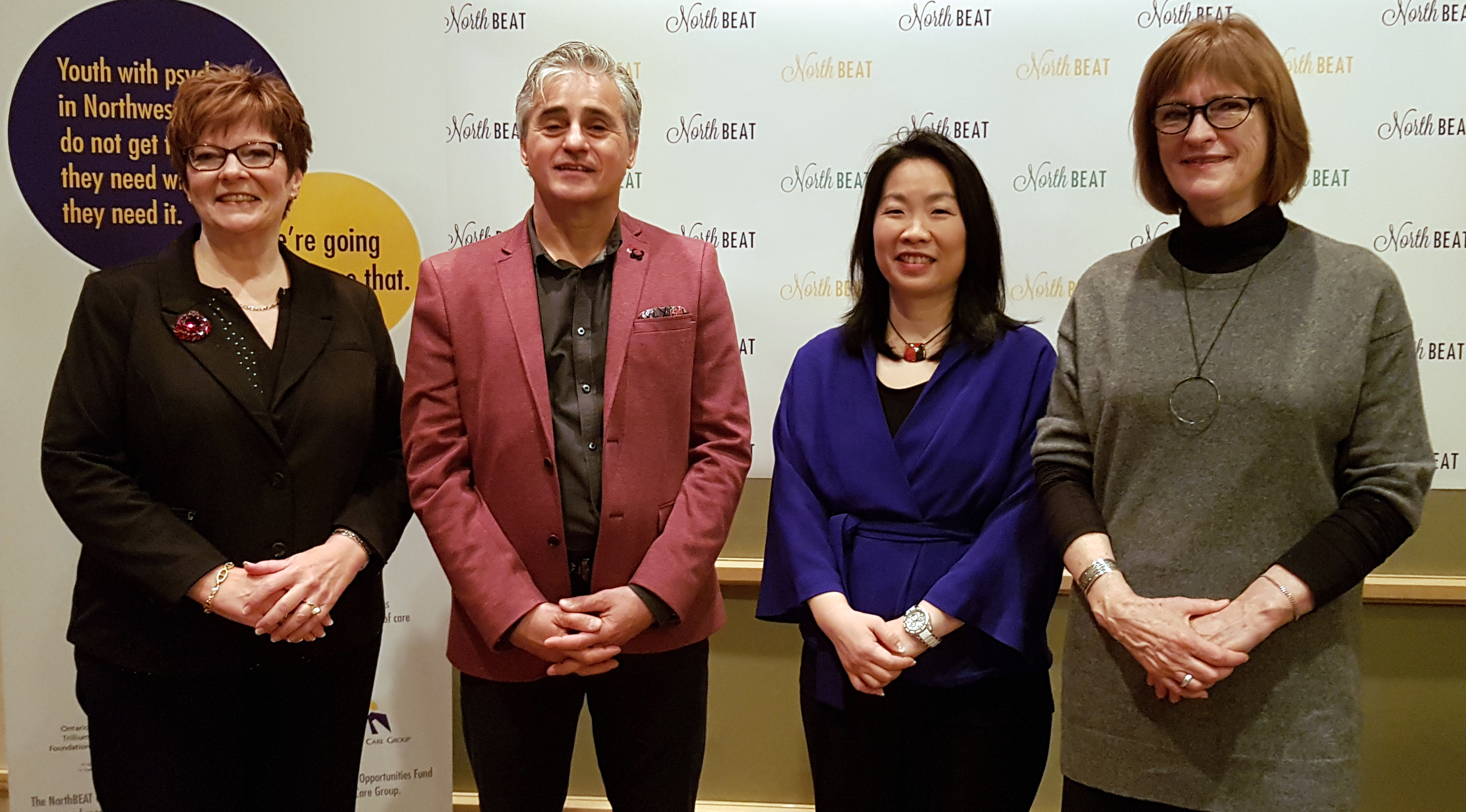 NorthBEAT Collaborative Media Launch, December 1, 2017: Left to Right: Myrna Holman, VP People Mission and Values at SJCG; Bill Mauro, MPP for Thunder Bay-Atikokan; Dr. Chi Cheng, NorthBEAT Project Lead; Lesley Bell, Ontario Trillium Foundation Youth Opportunities Fund)